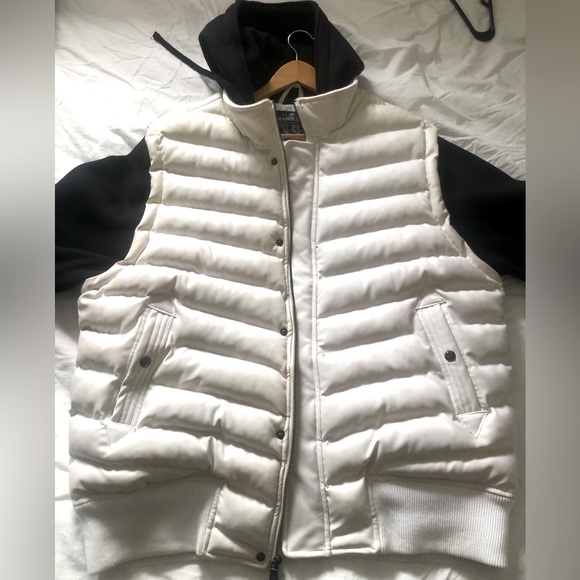 Raw blue white padded polyester jacket black sleeves black hood - Picture 5 of 6